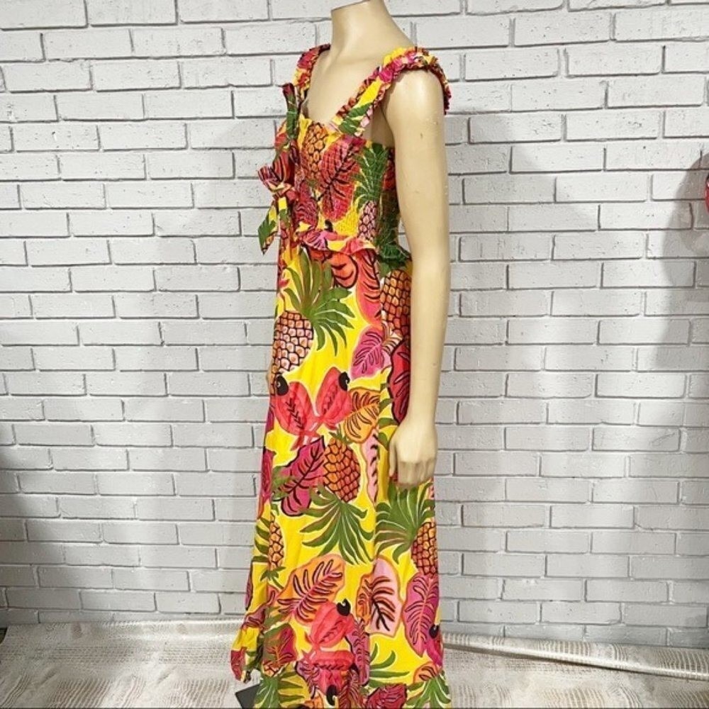 Farm Rio Yellow Tropical Pineapple Parrot Smocked Maxi Dress | Size Small - Picture 3 of 16
